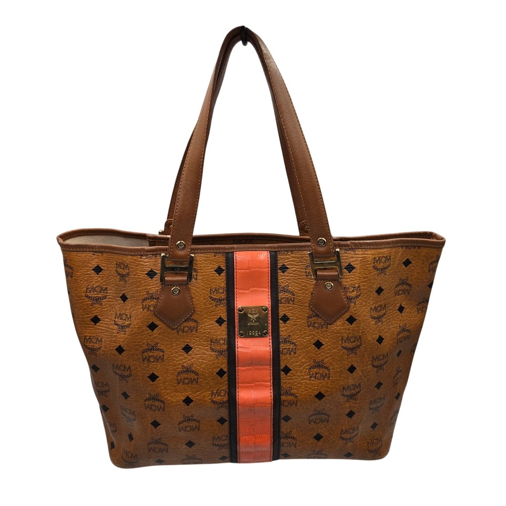 MCM Visetos Monogram Tote Bag Brown Coated Canvas Shopper Handbag Purse‎